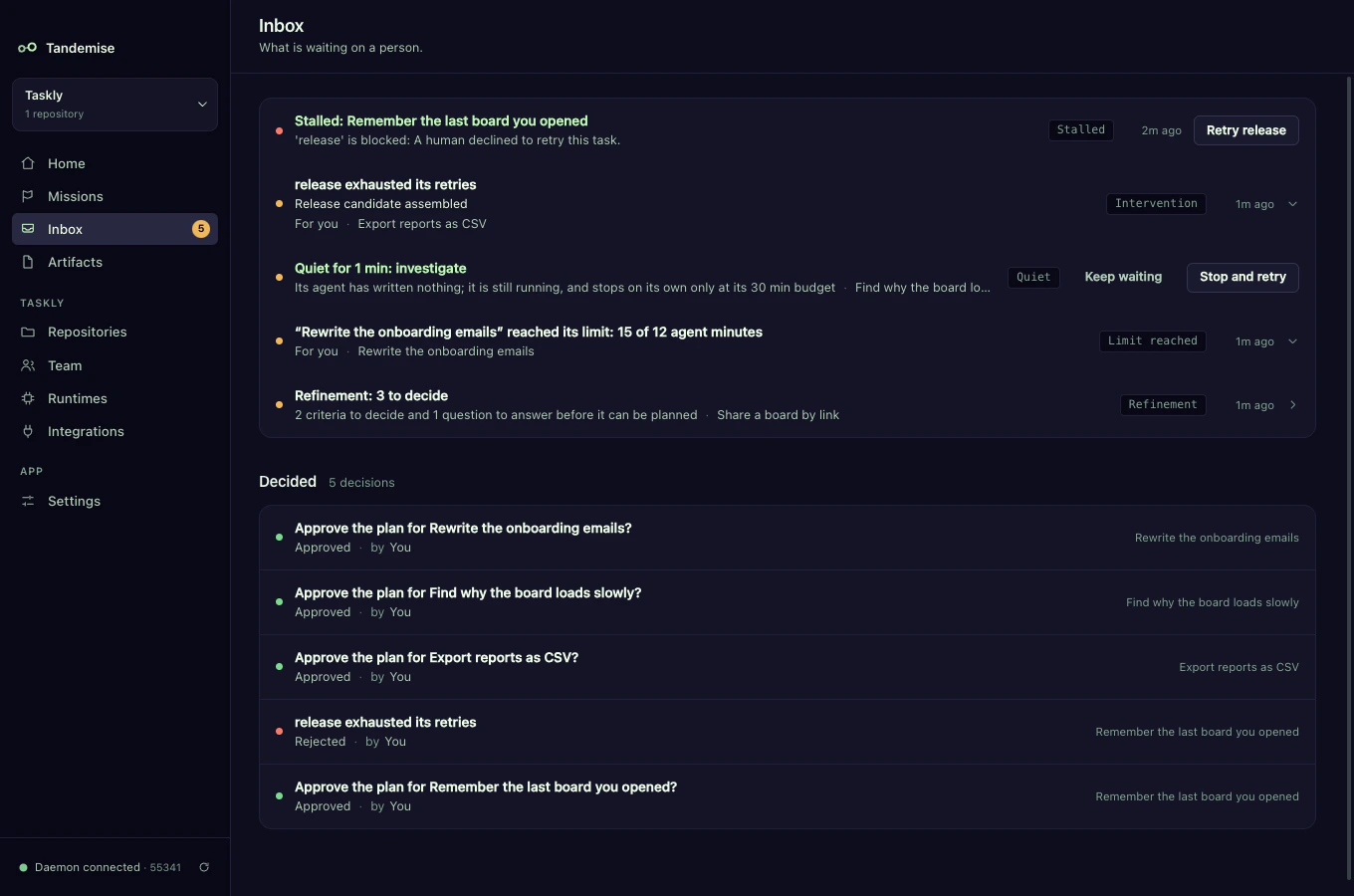 The inbox with stalled, intervention, quiet, limit-reached, and refinement rows, and a list of decisions already made