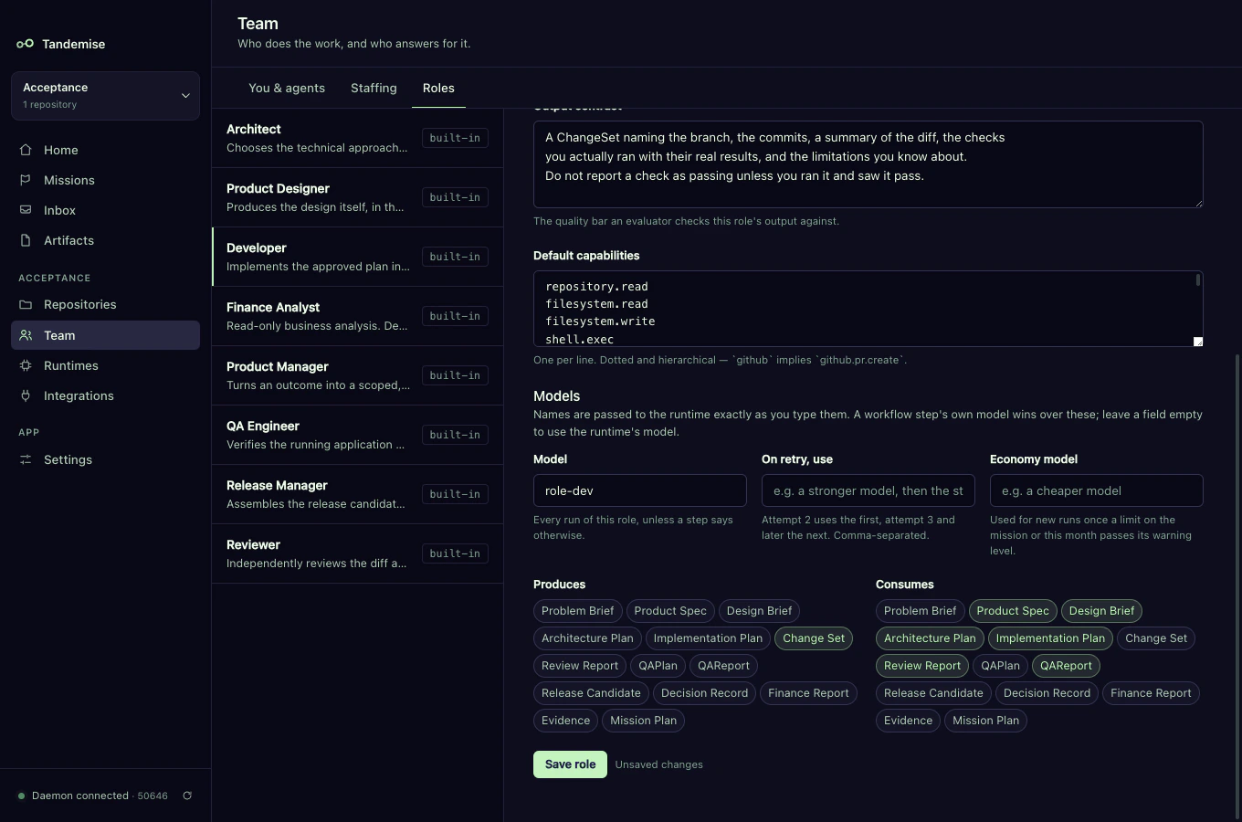 The role editor for the Developer role: its output contract, default capabilities, the model it runs on, a stronger model to use on retry, an economy model for when a limit is near, and the documents it produces and consumes