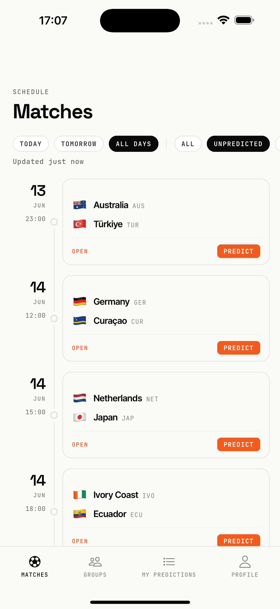 Matches schedule with day filters and unpredicted-only view