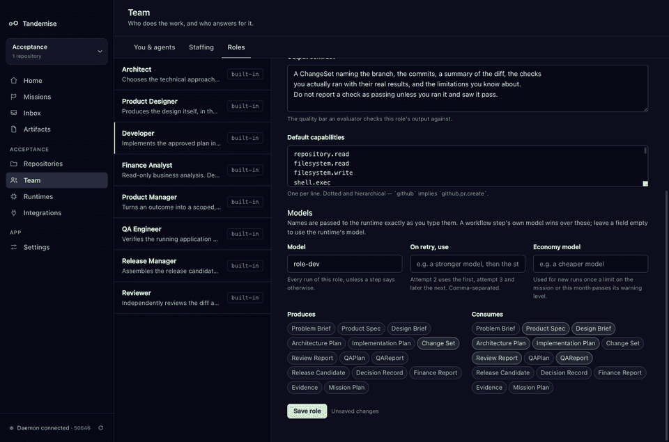 The role editor for the Developer role: its output contract, default capabilities, the model it runs on, a stronger model to use on retry, an economy model for when a limit is near, and the documents it produces and consumes