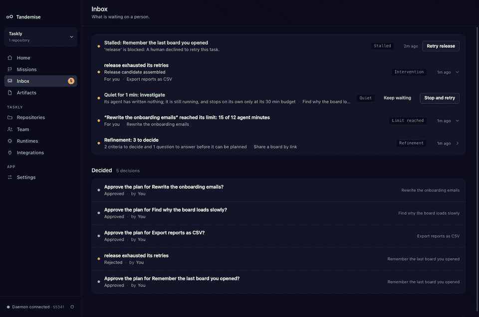 The inbox with stalled, intervention, quiet, limit-reached, and refinement rows, and a list of decisions already made