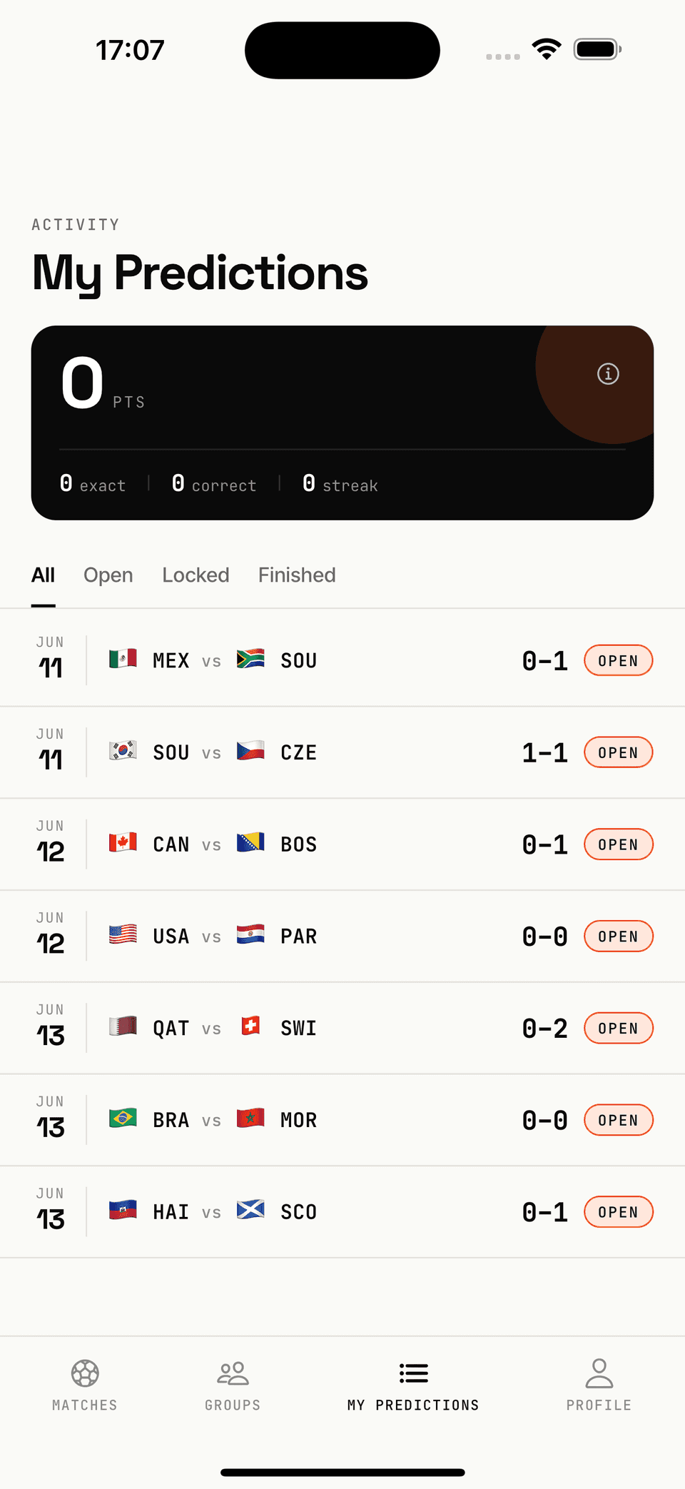 My Predictions screen with a running stats card and chronological list of picks