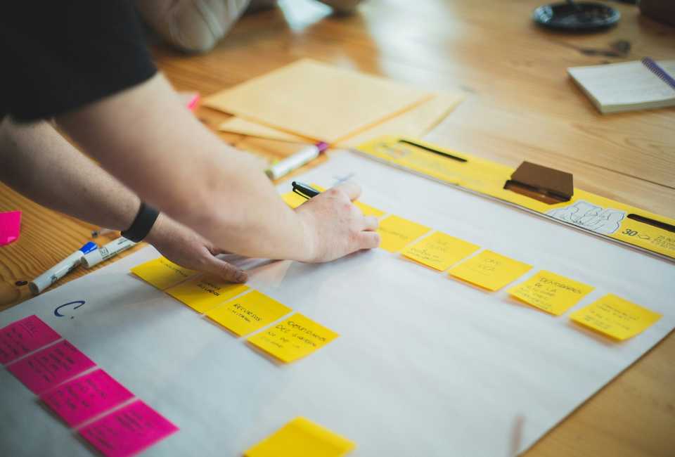 Manos organizando notas adhesivas amarillas sobre un pliego de papel en una mesa de madera, durante un taller de trabajo