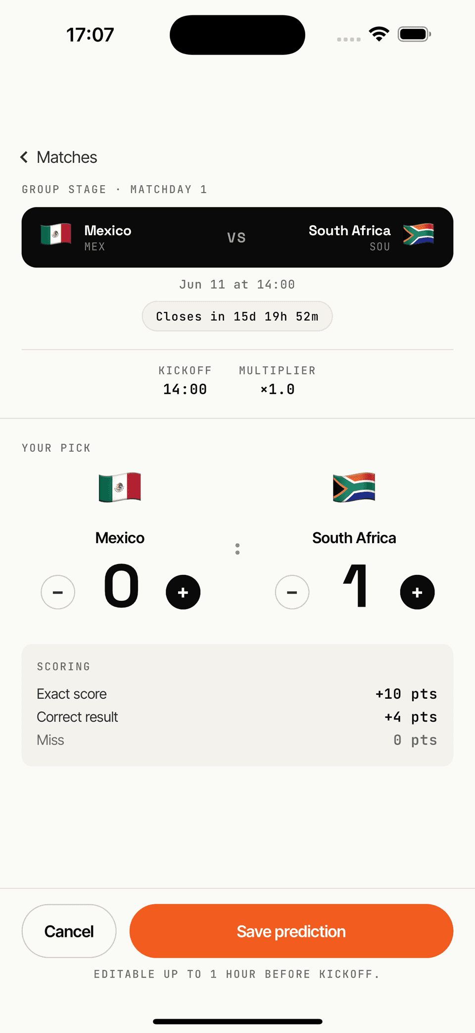 Prediction editor with score steppers, multiplier, live countdown, and inline scoring breakdown