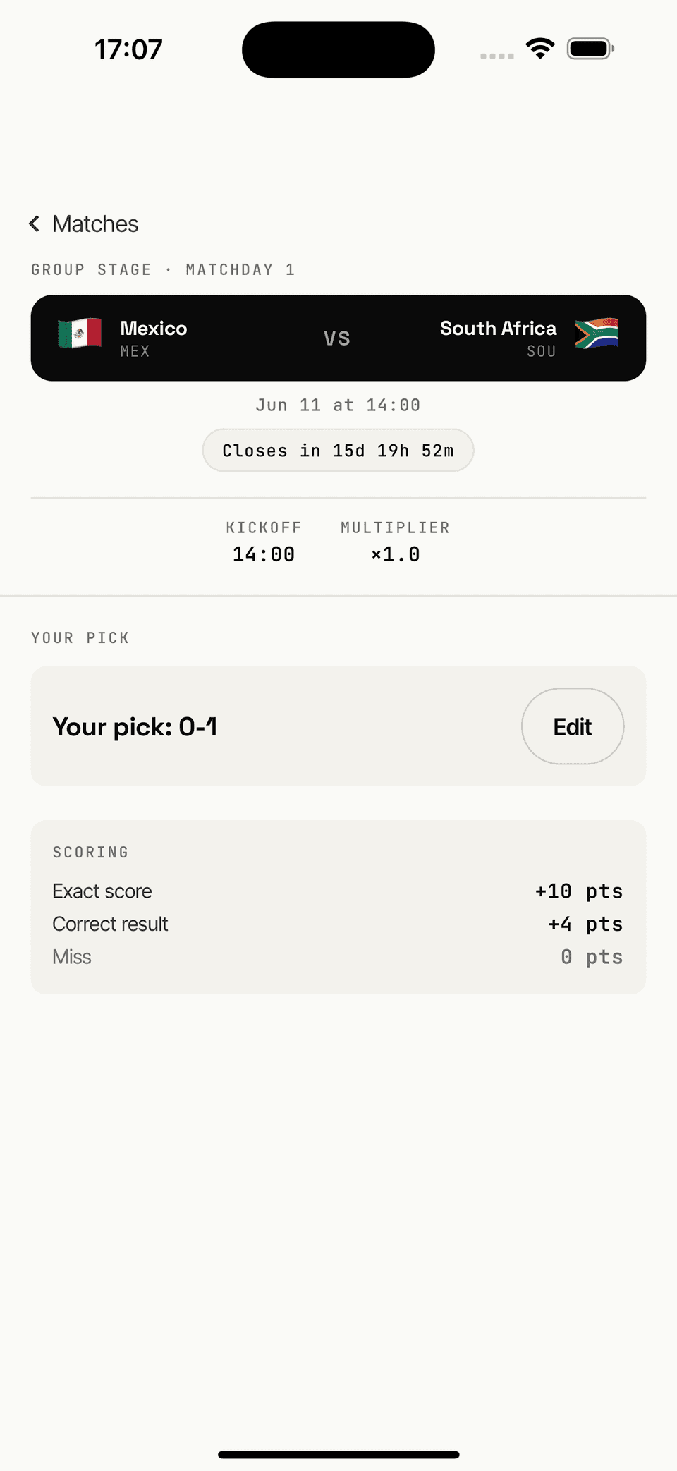 Match detail showing a saved pick with an Edit affordance and the scoring breakdown