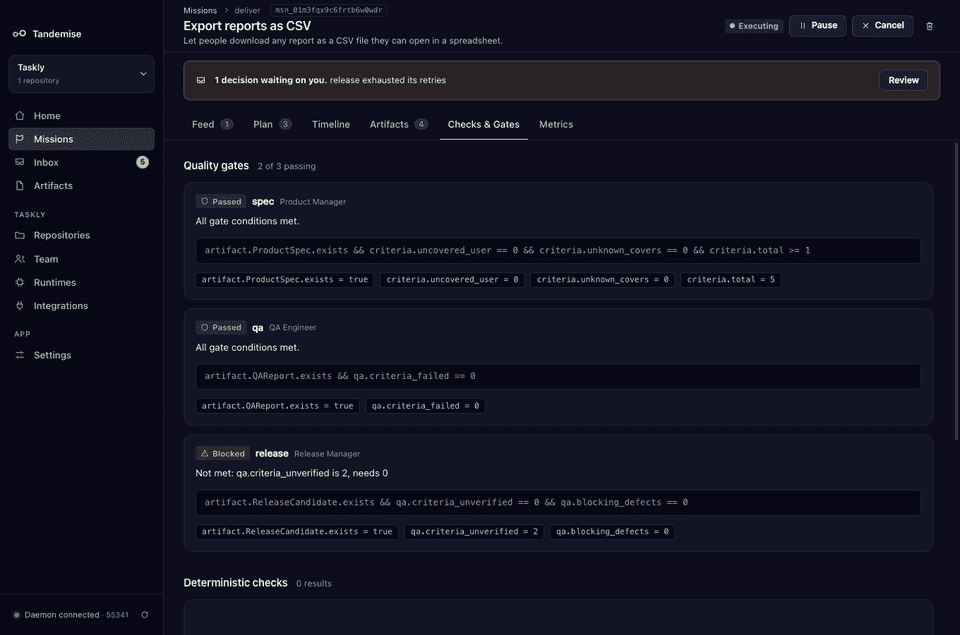 Checks and gates for the mission: the spec and QA gates passed with all conditions met; the release gate is blocked, showing the condition and the measured values that failed it