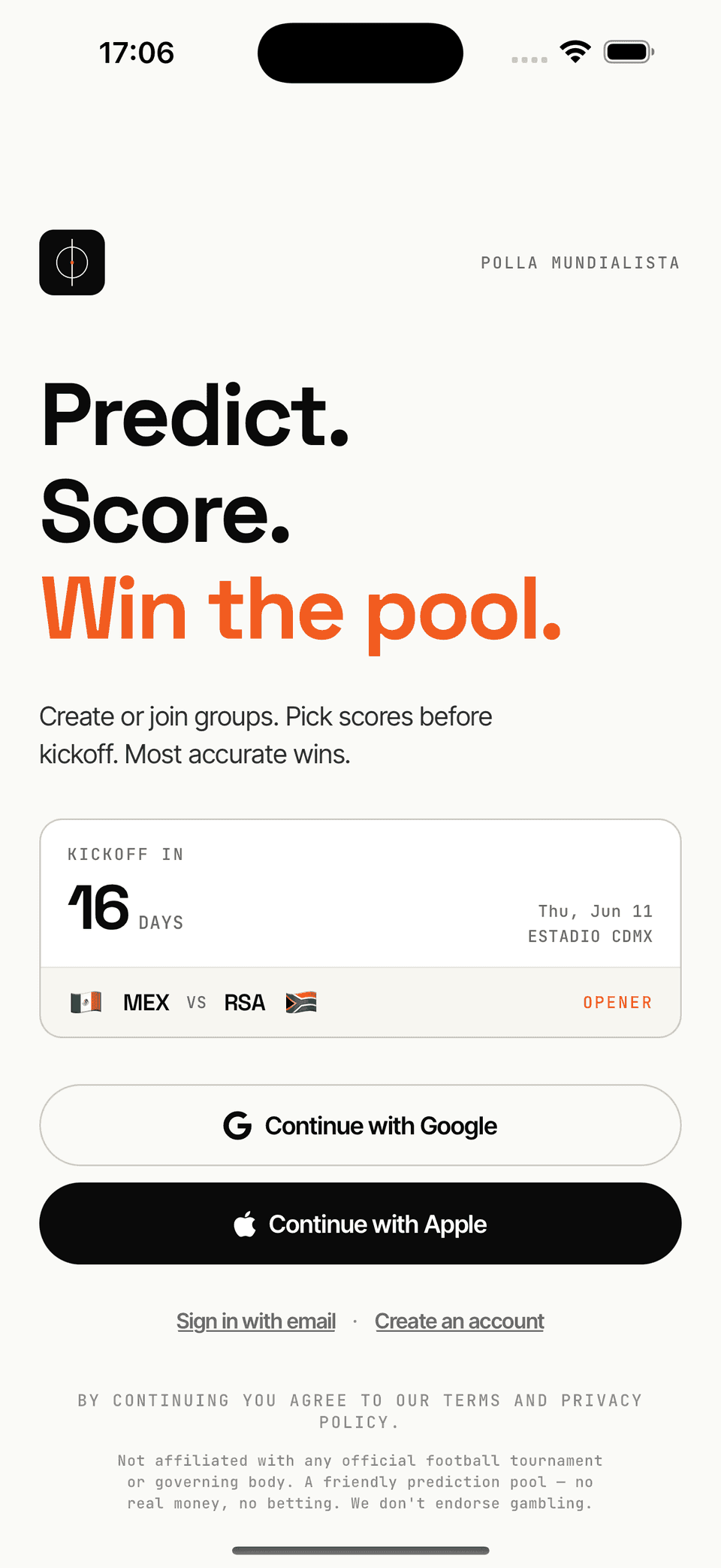 Landing screen with kickoff countdown, sign-in options, and a clear non-affiliation note