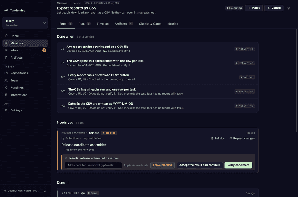 The "Done when" checklist, with one acceptance criterion verified and the rest not yet verified, and a decision card for the blocked release step