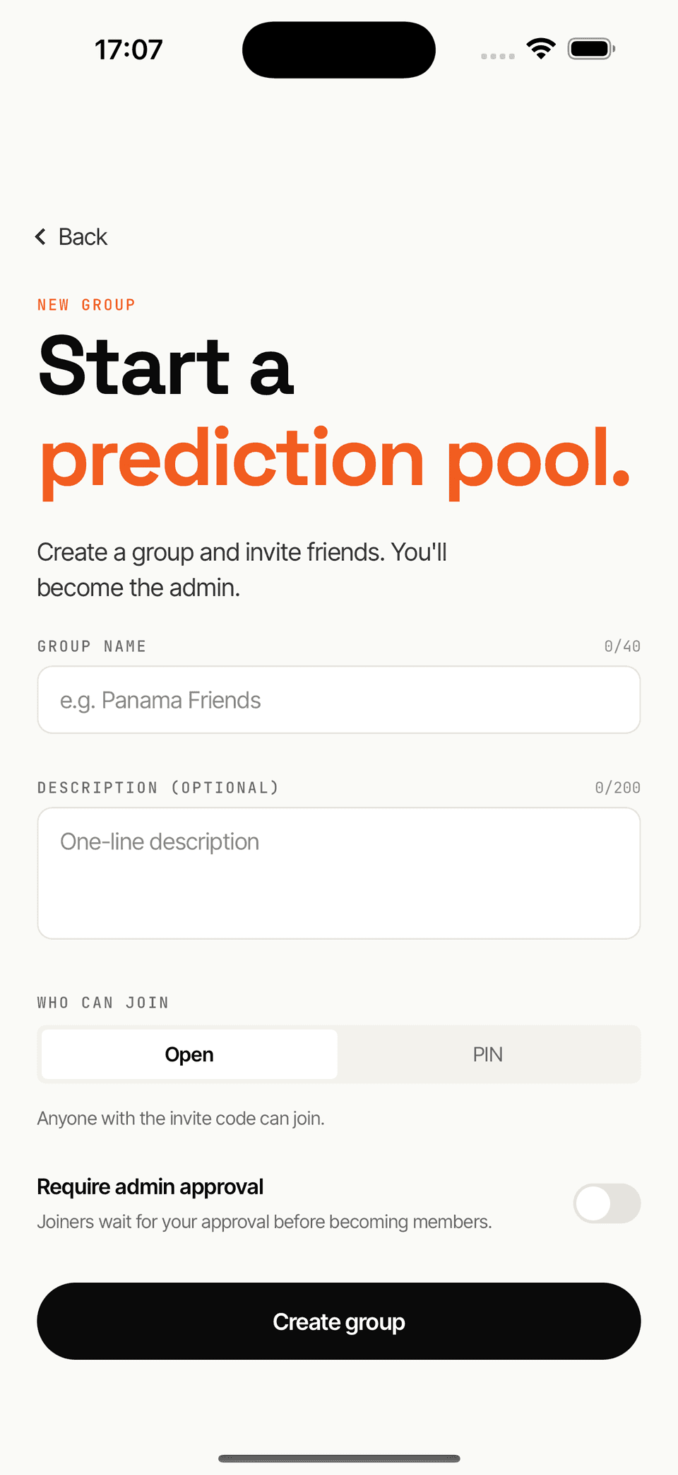 Create-group screen with name, description, join policy, and admin-approval toggle